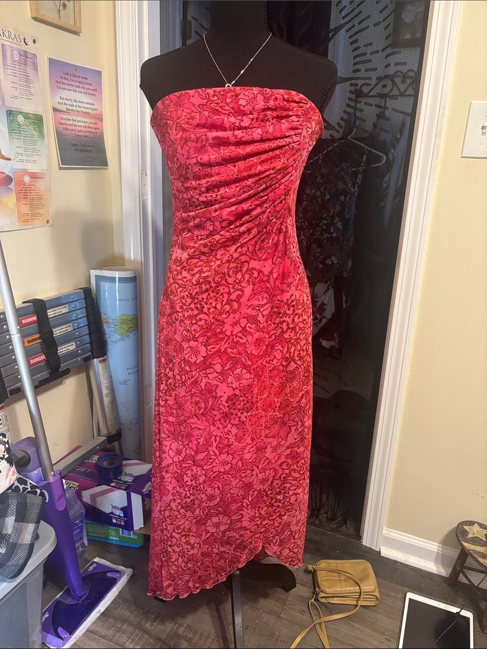 Strapless Red Floral Ruched Maxi Dress